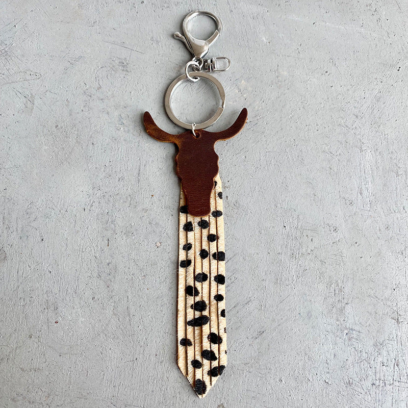 Wholesale 3pcs/pack Leather Bull Head Tricolor Leopard Tassel Keychain